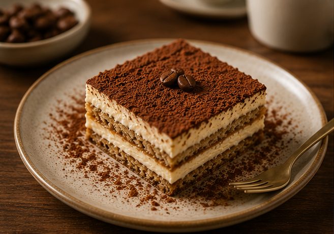 Plated Tiramisuku slice dusted with cocoa