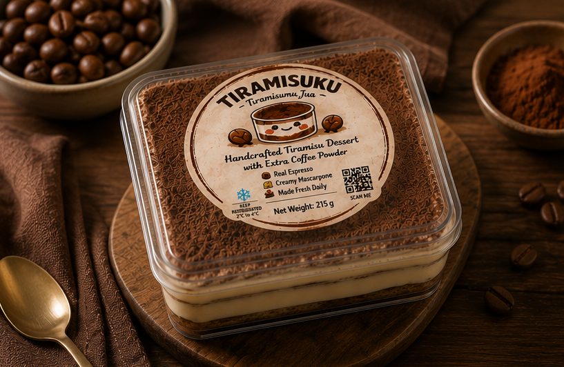 Tiramisuku box on a wooden serving board