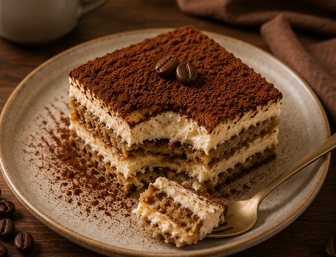 Tiramisuku slice showing espresso-soaked layers and mascarpone