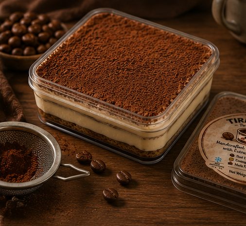 Cocoa-dusted Tiramisuku box with coffee beans