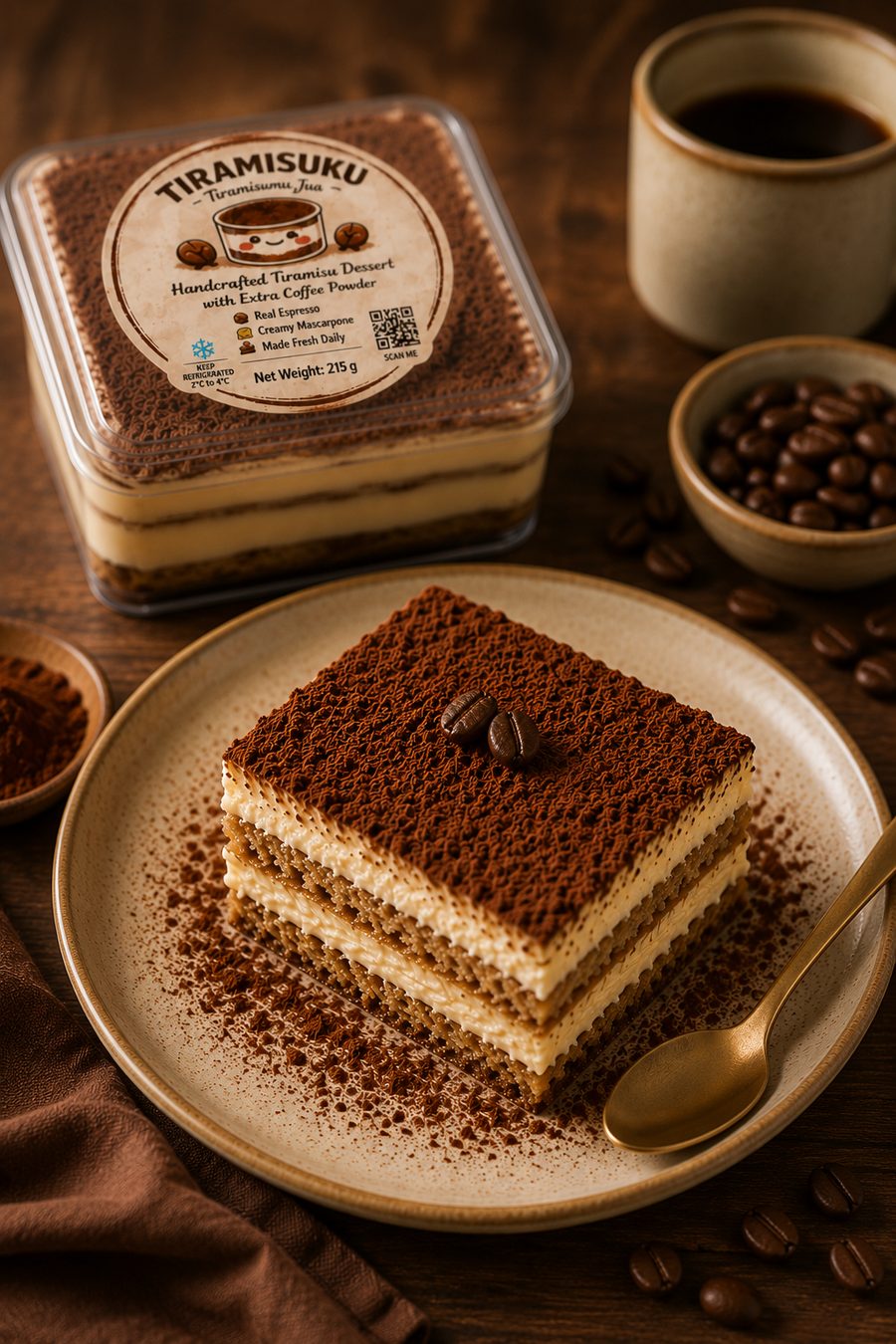 Tiramisuku box with a plated tiramisu slice, coffee and beans